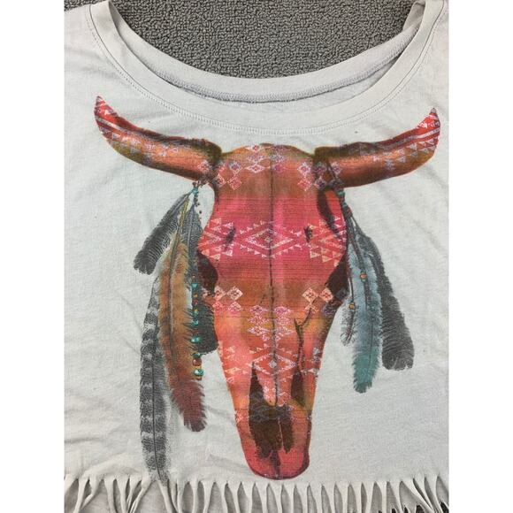 Forever 21 Women M White Western Bull Skull Graphic Fringe Cropped T-Shirt - Picture 9 of 9